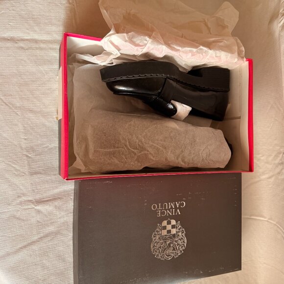 Vince Camuto Echika Black Italian Patent Leather Platform Block Heel Loafer Size - Picture 10 of 11